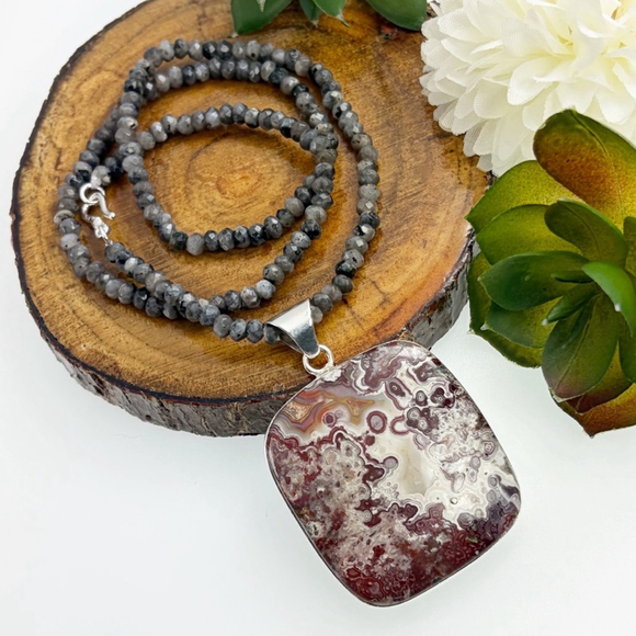 Sterling Silver 925 Chunky Crazy Lace Agate Pendant Tourmaline Moonstone - Picture 2 of 7